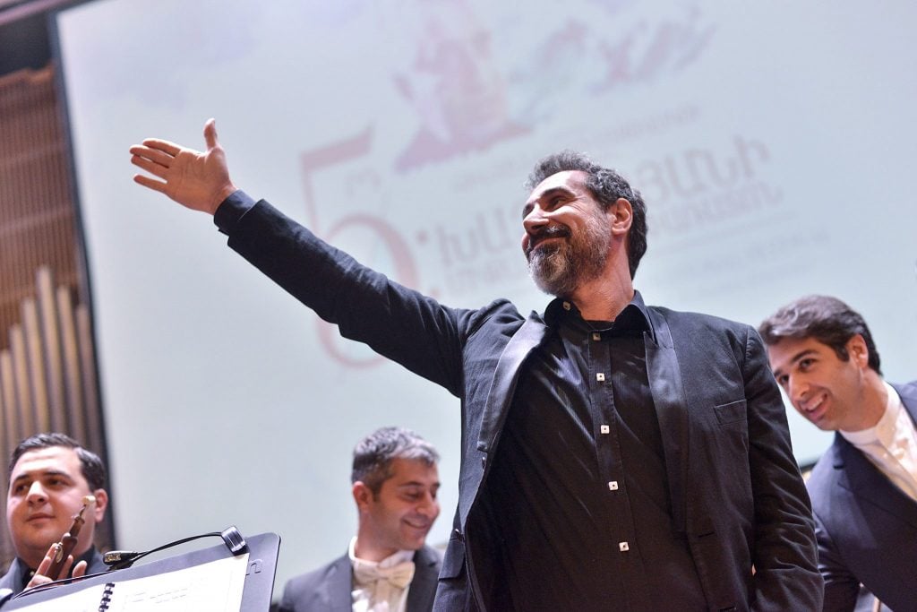 Serj Tankian on stage at Yerevan's Aram Khachaturian Concert Hall, at the Armenian premier of 